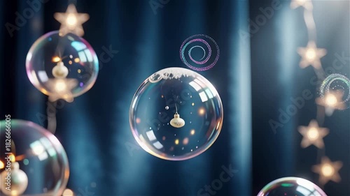 Crystal Christmas ball with golden sparks and starry bokeh, magical Christmas atmosphere in macro photography