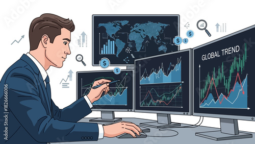 Professional investor analyzing global financial trends on multiple computer screens, observing business growth and stock market trading data insights