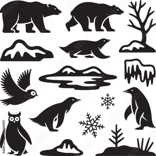 Black and White Winter Animals and Landscape Elements Vector Illustration