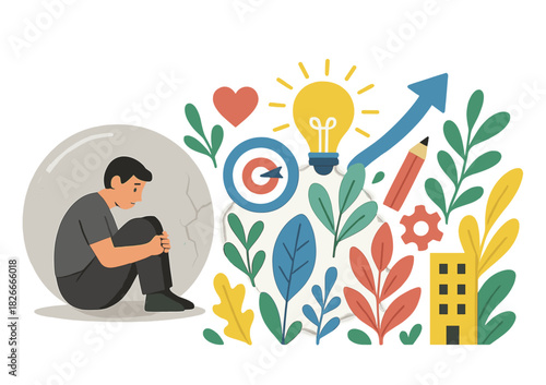 Man surrounded by innovation and growth elements: ambition and creativity