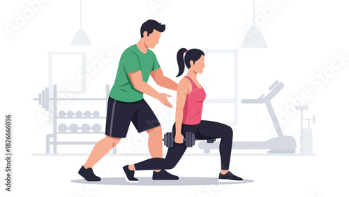 Personal Trainer Assisting Woman with Dumbbell Lunge Exercise in Gym, Providing Guidance and Support for Effective Strength Training