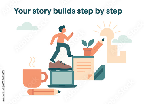 Motivational concept: person stepping on books and objects toward keyhole success