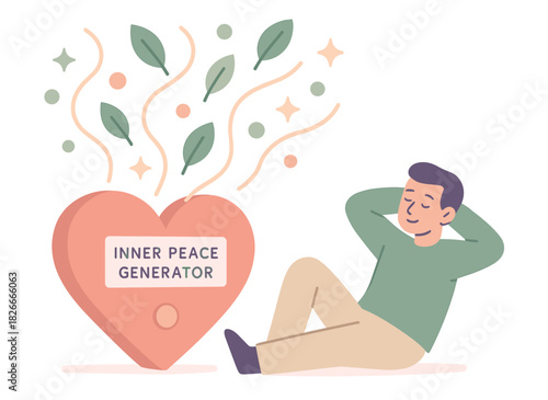 Male relaxing with inner peace generator heart icon and decorative elements