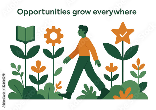 Person walking among symbolic growth: education, innovation, success