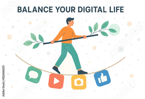 Male balancing digital life on tightrope with social media icons