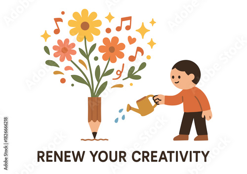 Cartoon child watering pencil flower, inspiring creativity and growth