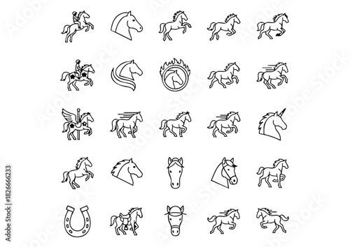 25 Vector Horse Icons: Equestrian Line Art Collection, Black and White Horse Silhouette & Line Icons Pack, Unique Equine Symbols: Minimalist Vector Icon Set