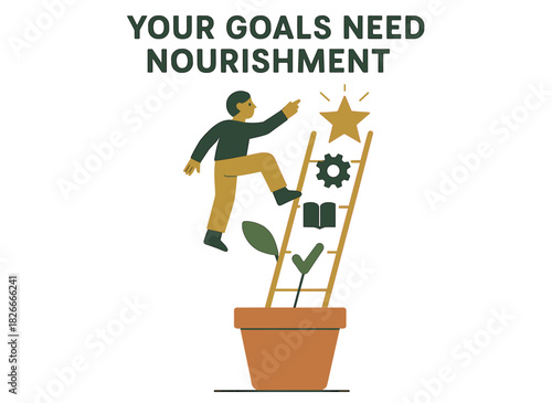 Illustration of personal growth concept with male climbing ladder to success