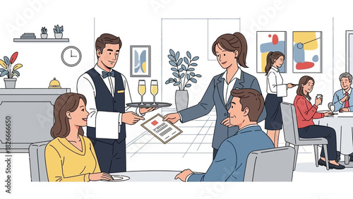Elegant Restaurant Scene with Waiter Serving Champagne and Menu to Guests at Tables in a Contemporary Interior Design