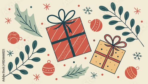 Festive christmas pattern with gifts ornaments snowflakes and foliage in a flat vector style design