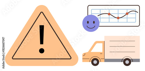 Exclamation warning sign, delivery truck, performance chart, happy face icon. Ideal for logistics, safety, planning, shipping risk management transportation monitoring. Simple flat metaphor