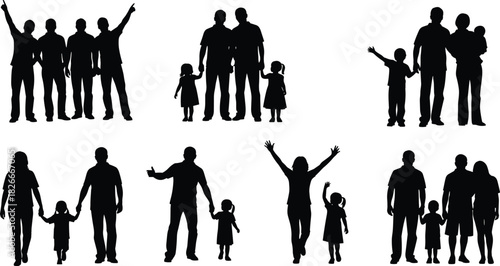 family silhouette collection, parents and children walking together, happy family poses, unity concept illustration, parenting vector design elements