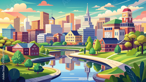 Very beautiful panoramic cityscape featuring a harmonious blend of modern and historic architecture, a winding river reflecting soft daylight, and a peaceful urban skyline surrounded by lush green spa