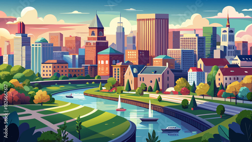 Very beautiful panoramic cityscape featuring a harmonious blend of modern and historic architecture, a winding river reflecting soft daylight, and a peaceful urban skyline surrounded by lush green spa