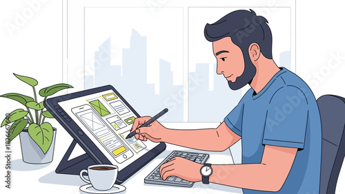 Illustrative image of a male UI/UX designer working on wireframes with a tablet, stylus, keyboard and coffee, representing user-centered design and development process