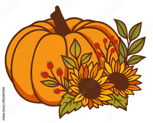 Autumn Pumpkin with Sunflowers — Fall Harvest Botanical Decor Illustration