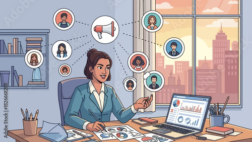 Illustration of a Businesswoman Analyzing Data and Communicating with Her Team Remotely, Showing Effective Teamwork and Business Strategy for Success