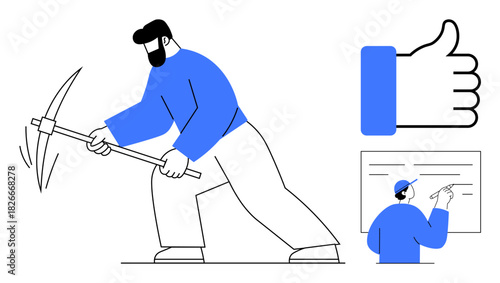 Labor concept. Labor by a worker with a pickaxe, thumbs-up symbol, and instructor teaching at a whiteboard. Labor hard work, productivity, and goal achievement. teamwork, education effort training