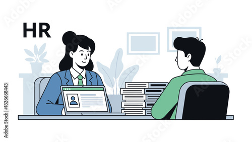 Human Resources Interview: Candidate meeting with a Human Resources Representative for a job interview and recruitment process in the office, Vector Illustration