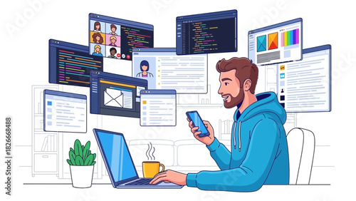 Man Working from Home with Laptop, Phone, and Multiple Screens Displaying Code, Video Conference, and Email, showcasing remote work lifestyle