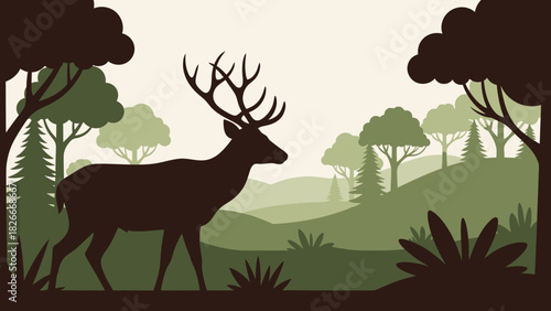 A majestic stag with large antlers stands in a serene forest landscape with rolling hills and silhouetted trees.