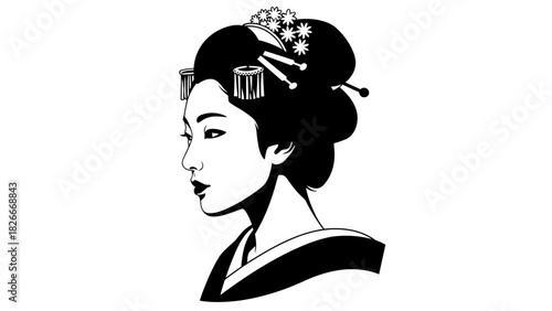 A black and white illustration of a geisha in profile, showcasing her traditional hairstyle and makeup.