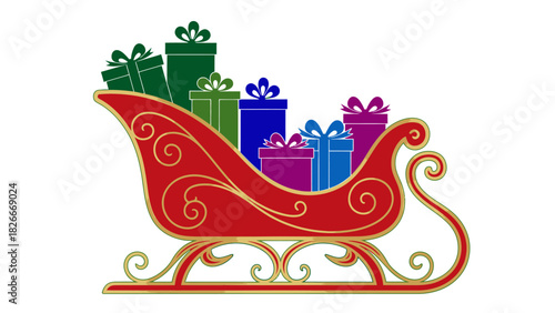A festive red and gold sleigh overflowing with colorful Christmas presents, ready for Santa Claus.