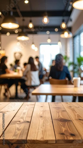 Blurred cafe scene with wooden table in foreground showing people chatting and ambient lighting, creates inviting atmosphere