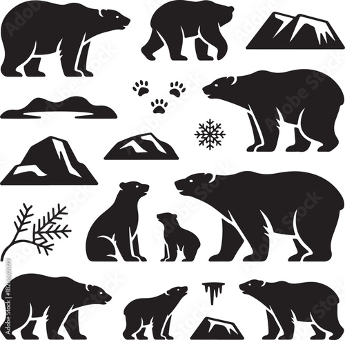 Black Bear Silhouette Vector Set with Mountains and Winter Elements