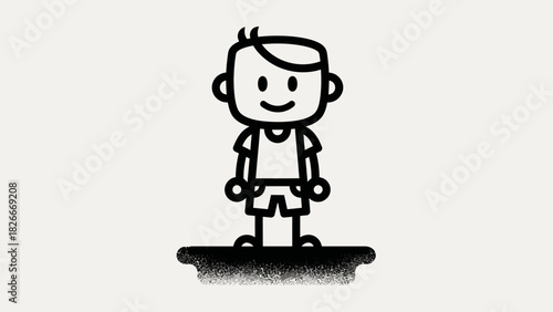 A simple, black and white line drawing of a smiling cartoon boy standing on a textured base, depicted in a minimalist doodle style.