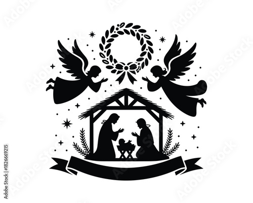 Nativity scene silhouette with angels and wreath for christmas decoration