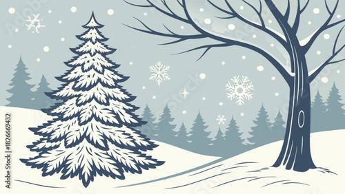 Winter scene with a snowy pine tree and a bare tree under falling snowflakes and distant pines