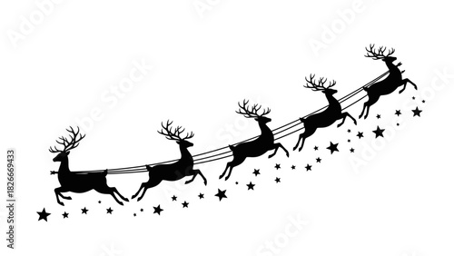 Black silhouette of Santa's reindeer team flying upwards through a sky of stars on a white background.