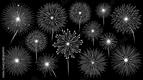 A collection of various white fireworks exploding against a black background, creating a festive and celebratory atmosphere.