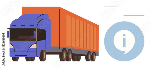 Cargo truck with large container alongside information icon. Ideal for logistics, freight transport, shipping, supply chain, delivery services, distribution, educational use. Simple flat metaphor