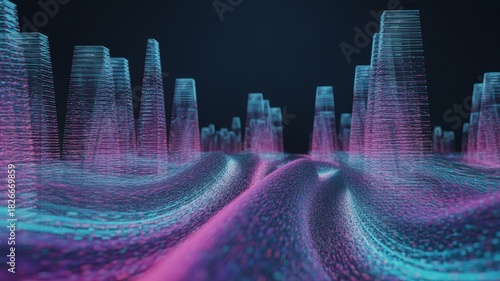 Digital landscape features rolling waves of interconnected pink, blue, and purple glowing particles, creating a sense of dynamic flow and complex information.