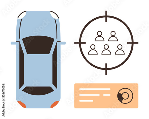 Blue car, target focus on people, and visual dashboard layout highlighting sensor data. Ideal for transportation, autonomy, safety, analytics, navigation targeting innovation. Simple flat metaphor