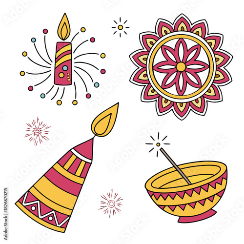 Colorful Diwali Festival Elements With Sparklers And Diya On White Keywords: diwali, festival, india