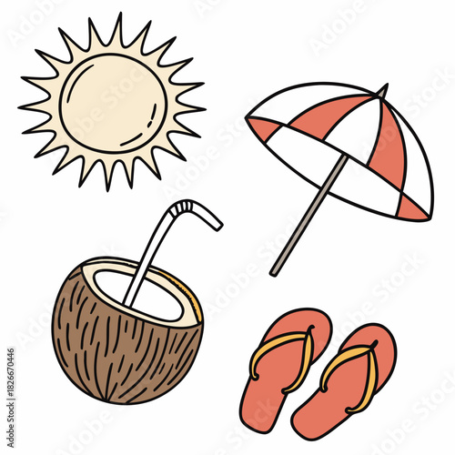 Summer Beach Icons Sun Coconut Drink Umbrella and Flip Flops Keywords: sun, summer, beach, coconut