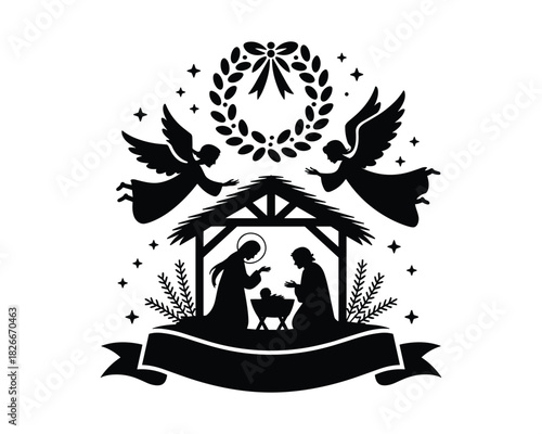 Nativity scene silhouette with angels and wreath for christmas holiday
