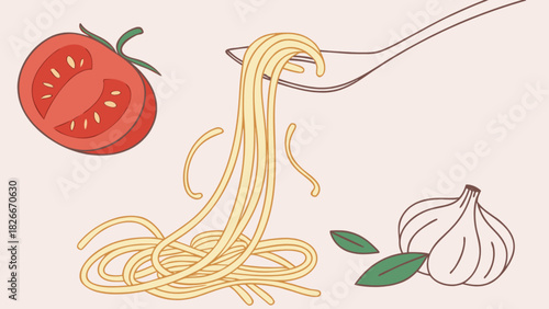 Illustration of spaghetti on a spoon with a tomato half and a garlic bulb with leaves nearby