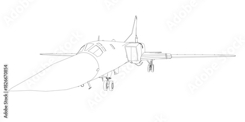 A black and white fighter jet contour drawing in line art style. The detailed illustration clearly shows the wingspan, tail fins, cockpit, and engine features.