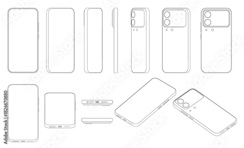 Contour drawing set displays the phone's screen, camera array, and side buttons in clean line art.