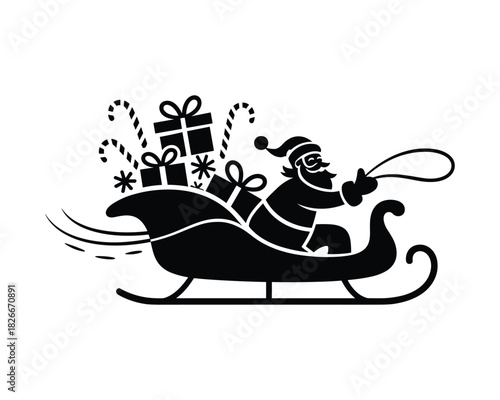 Santa claus sleigh silhouette with gifts and candy canes flying through the air