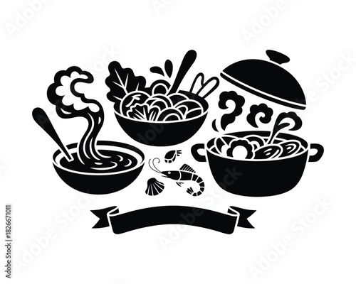 Delicious asian food vector illustration with noodles and seafood