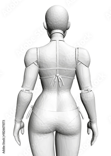 Polygonal robotic girl in bikini performs animated movements on white background. This 3D model features a low-poly design with smooth motion.