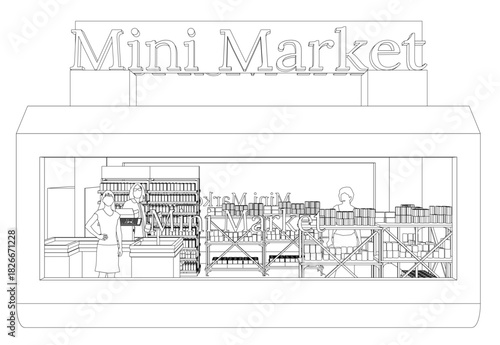 Mini market sketch with people standing outside, surrounded by racks of various items.
