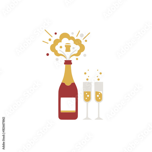 Popping Champagne Bottle Glasses Flat Vector