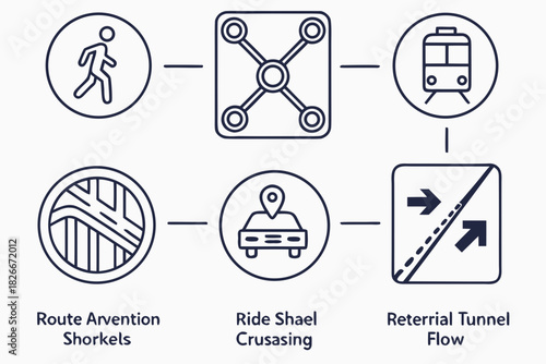 Icons representing transportation modes and route planning with text labels navigation