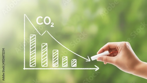 Drawing a downward-trending bar graph a curved arrow pointing down and right on an invisible surface against a blurred green nature background.